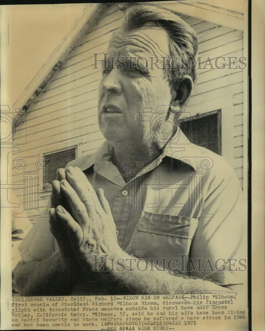 1971 President Nixon's cousin, Philip Milhous, speaks to newsmen - Historic Images