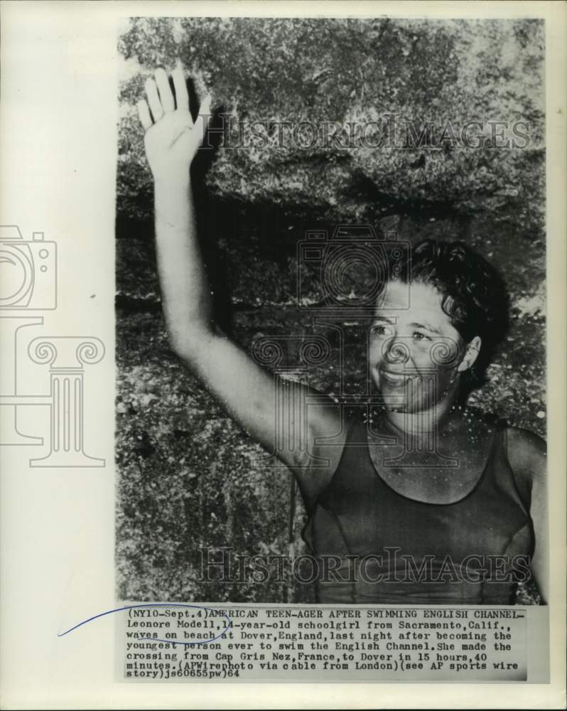 1964 Press Photo Leonore Modell, 14, youngest person to swim English Channel-Historic Images