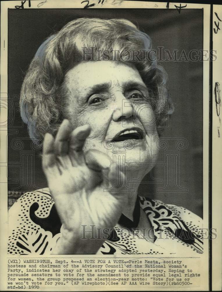 1970 Society hostess Perle Mesta gives OK sign in Washington - Historic Images