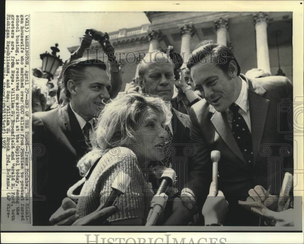 1972 School busing protest marcher Irene McCabe greeted at Capitol - Historic Images