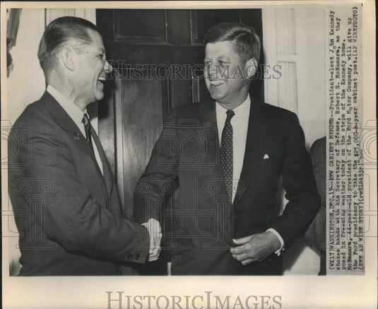 1960 President-elect Kennedy greets Defense Secretary McNamara - Historic Images