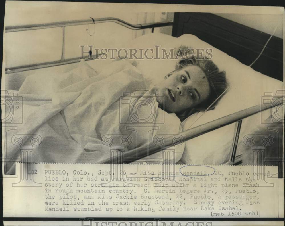 1966 Pueblo, Colorado plane crash victim Bonnie Mendell in hospital - Historic Images