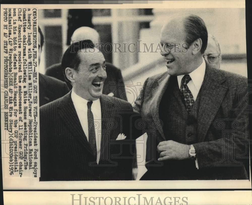 1976 President Ford and former GOP National chairman Miller laughing - Historic Images