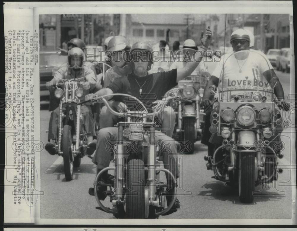 1968 Wiley Mercer and bride ride "bike" procession through Tampa - Historic Images