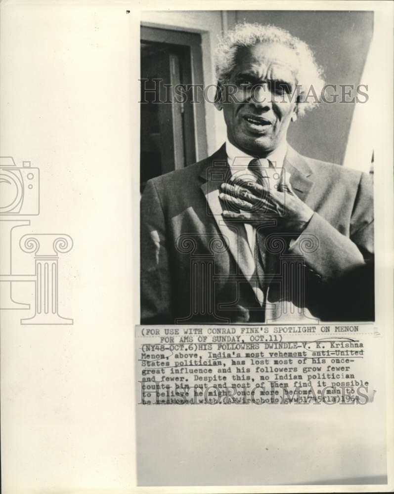 1964 India's anti-United States politician V.K. Krishna Menon. - Historic Images