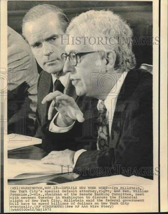 1975 New York's Ira Millstein and Proxmire with newsmen in New York - Historic Images