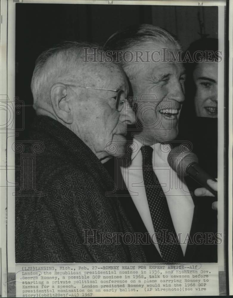 1967 Alf Landon and Governor Romney talk with newsmen in Michigan - Historic Images