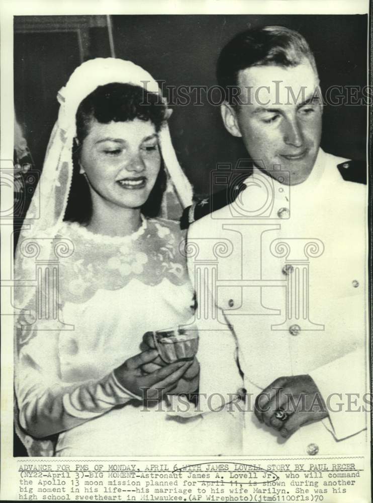 1970 Astronaut and Mrs. James Lovell shown at their wedding ceremony - Historic Images