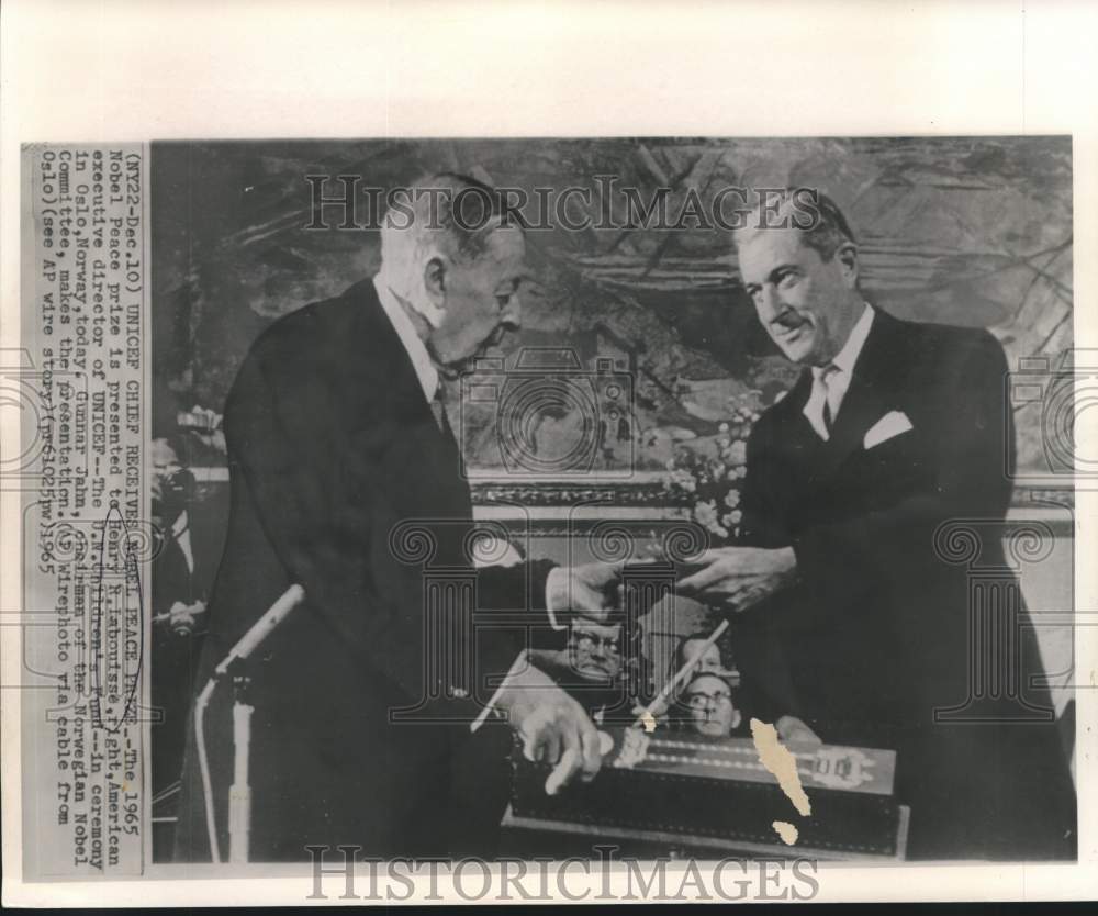 1965 UNICEF Director Labouisse presented Nobel prize by Gunnar Jahn. - Historic Images