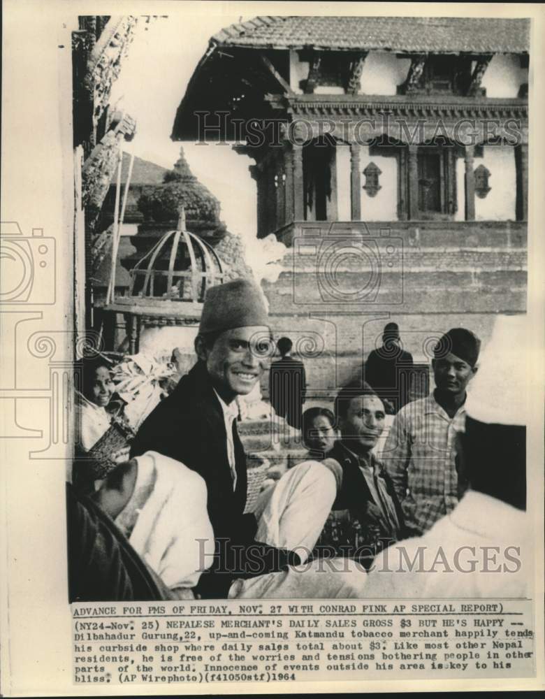 1964 Katmandu tobacco merchant Dilbahadur Gurung happy with sales - Historic Images