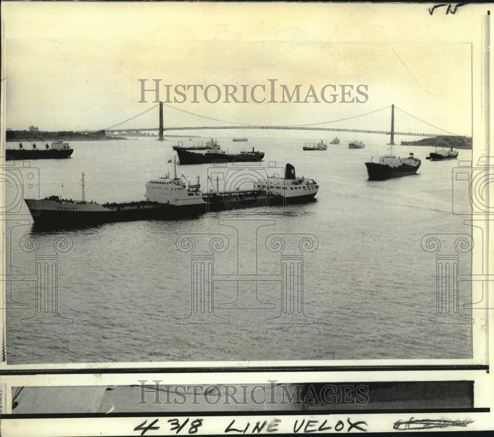 1974 Oil tankers at anchor in Narrows of New York awaiting berths - Historic Images