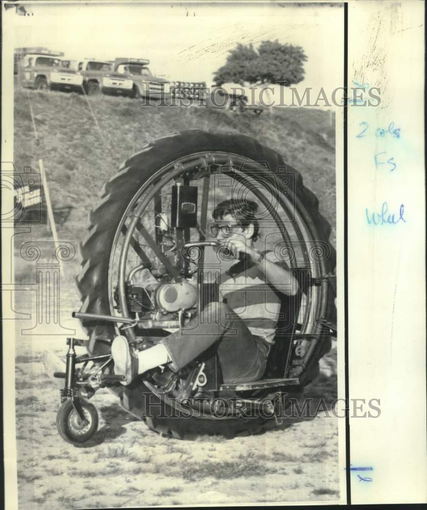 1972 Press Photo Addison Pemberton of La Mesa mounts home built monocycle. - Historic Images