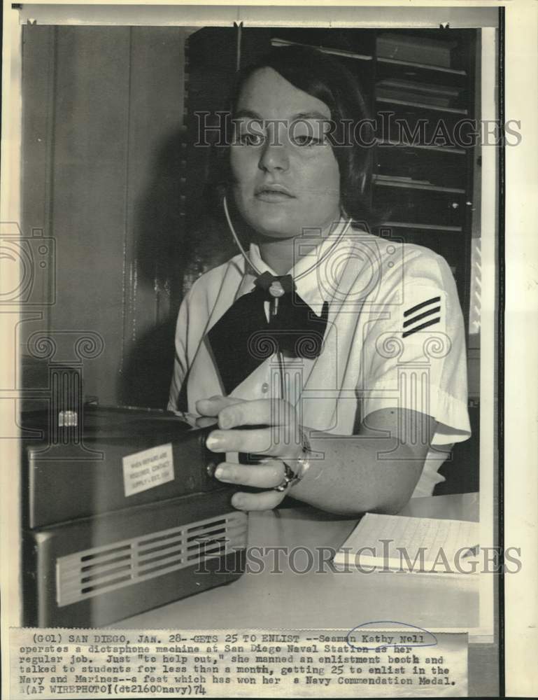 1974 Seaman Kathy Nell operates dictaphone at San Diego Naval Base - Historic Images