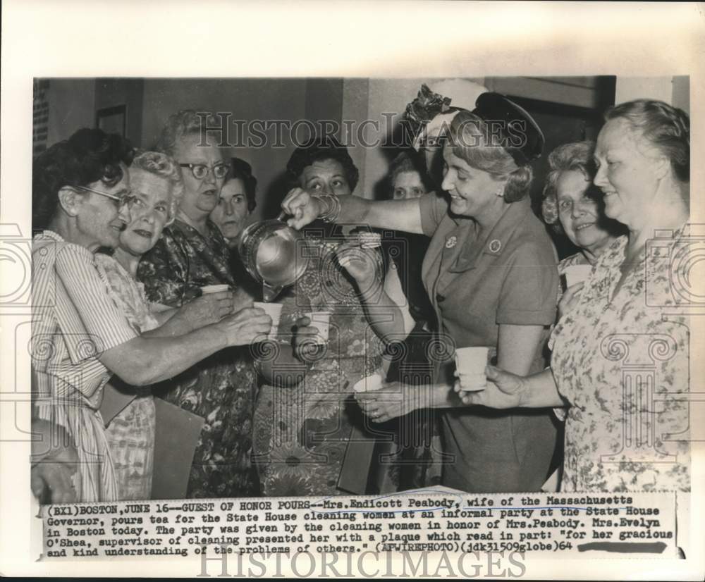 1964 Mrs. Endicott Peabody pours tea for State House cleaning women-Historic Images