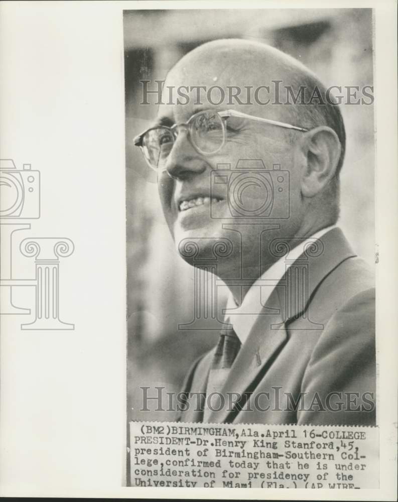 1962 Birmingham-Southern College President Dr. Henry King Stanford - Historic Images