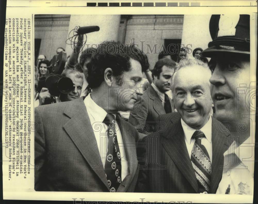 1973 Maurice Stans and attorney leave New York Federal courthouse - Historic Images