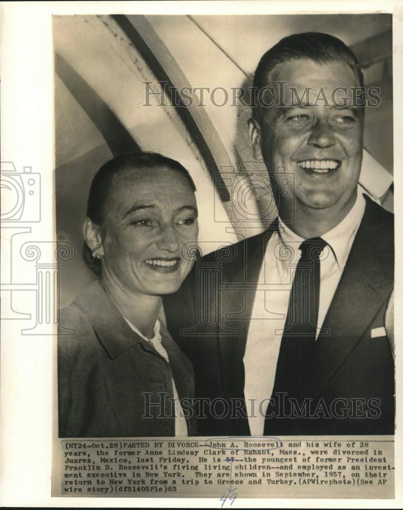 1957 Press Photo John and Anne Roosevelt return to New York from Greece-Historic Images