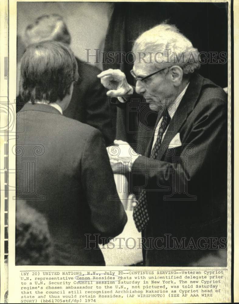 1974 Press Photo Cypriot U.N. Representative Zenon Rossides Chats with Delegate-Historic Images