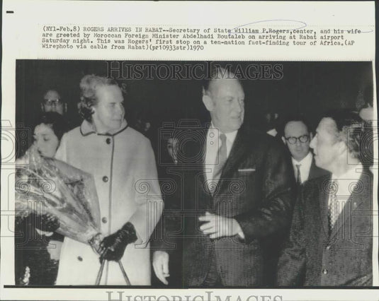 1970 Press Photo William Rogers and wife greeted by Abdelhadi Boutaleb in Rabat-Historic Images
