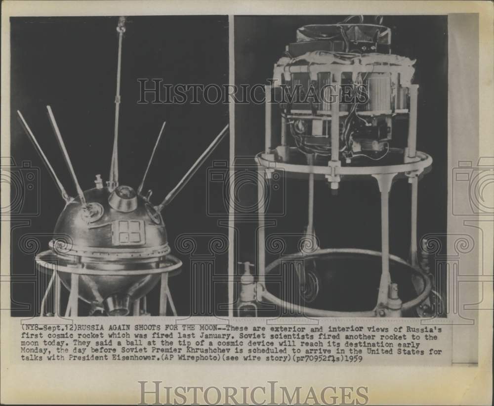 1959 Press Photo Exterior and interior views of Russia's first cosmic rocket-Historic Images