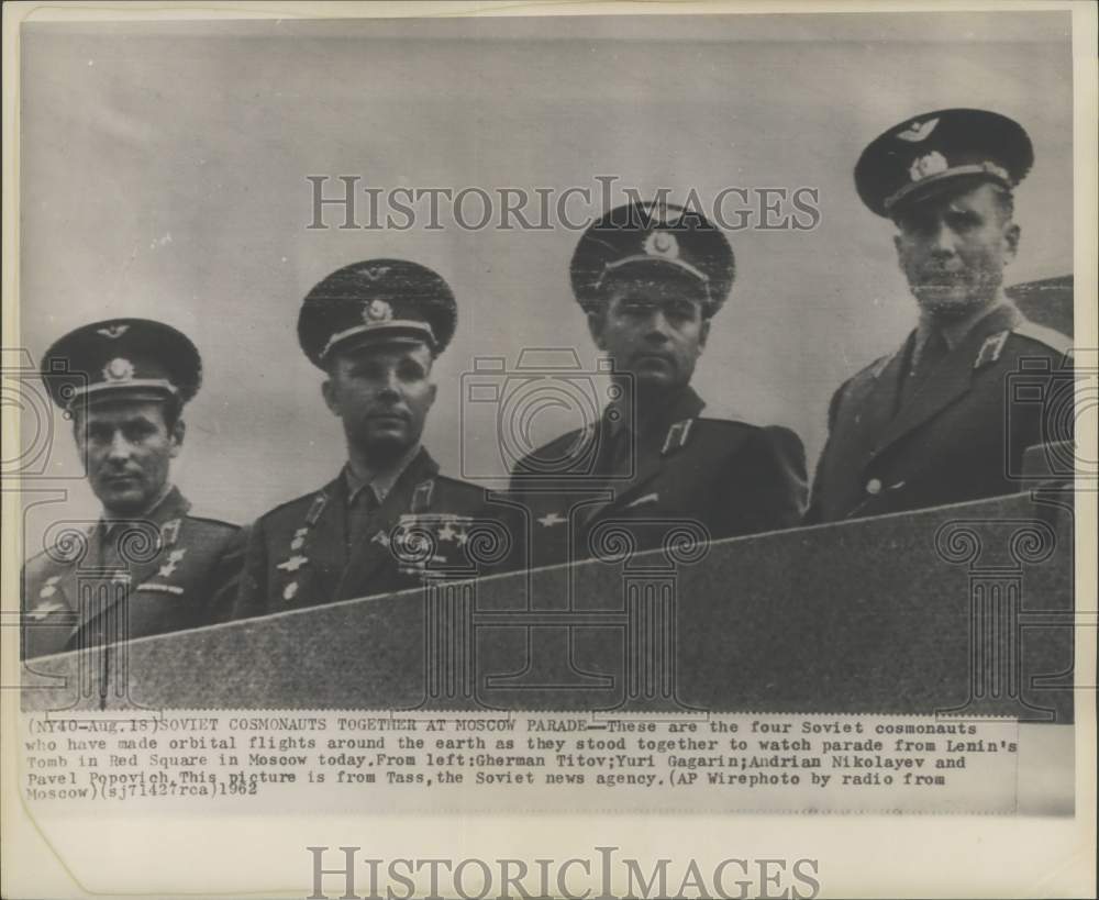 1962 Press Photo Four Soviet cosmonauts watch a parade in Red Square, Moscow-Historic Images