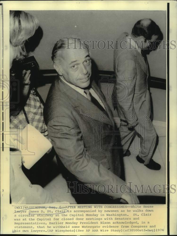 1974 Press Photo Nixon Lawyer, Press after Capitol Meeting with Congressmen-Historic Images