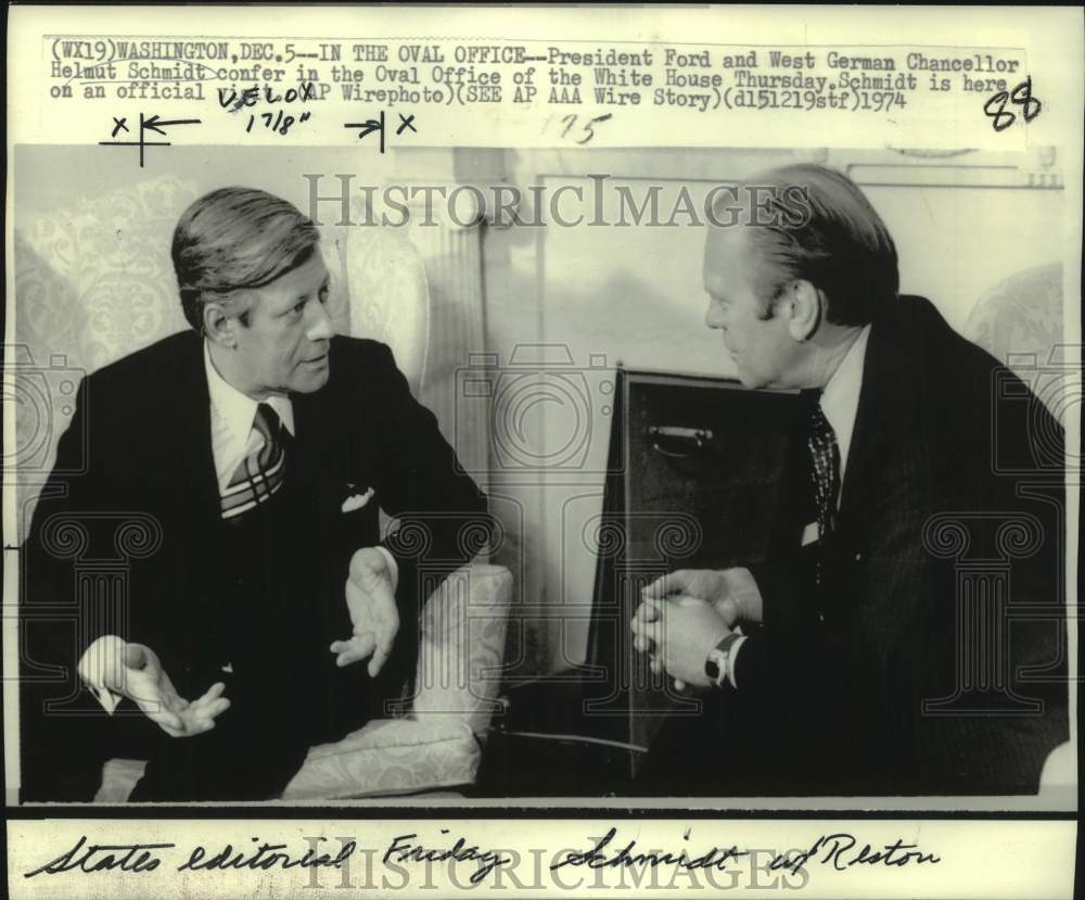 1974 Press Photo President Ford, West German Chancellor Schmidt in Oval Office - Historic Images