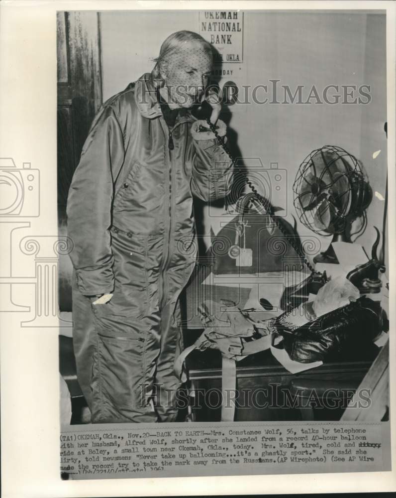 1961 Press Photo Constance Wolf phones husband after landing balloon in Oklahoma - Historic Images