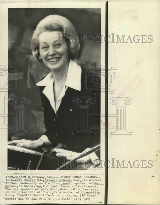 1972 Press Photo Speaker of West Germany's Bundestag Annemarie Renger - Historic Images