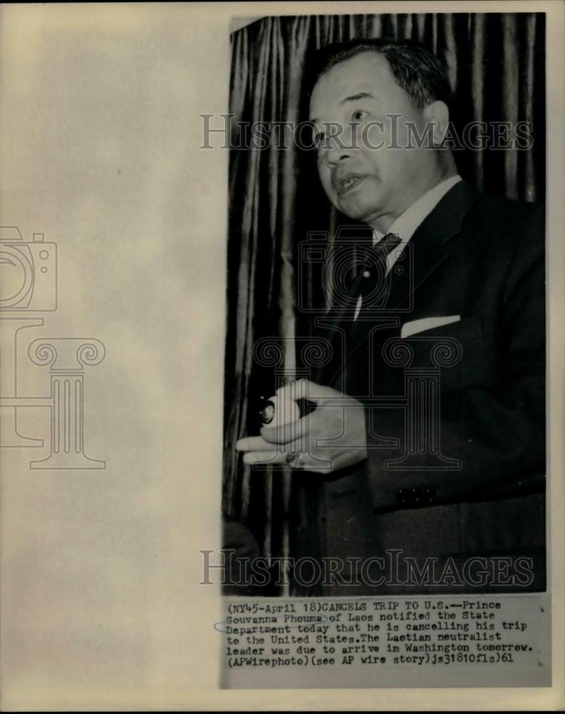 1961 Laos Prince Souvanna Phouma cancels trip to United States.-Historic Images