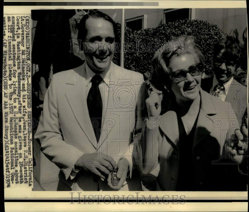 1974 Press Photo Former Lt. Governor Ed Reinecke and wife leave District court. - Historic Images