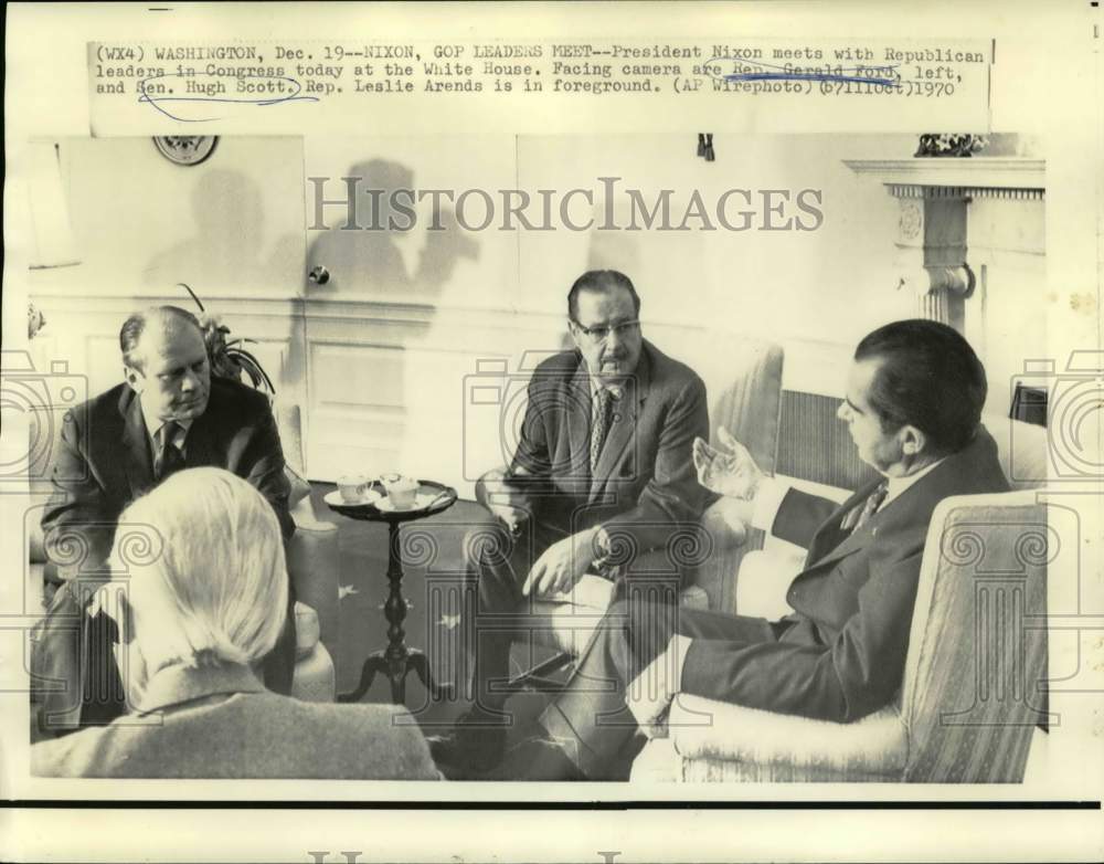 1970 Press Photo President Nixon meets with   Hugh Scott and Gerald Ford in D.C. - Historic Images