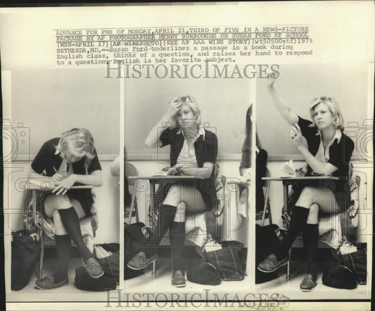 1975 Susan Ford studies during English class in Bethesda - Historic Images
