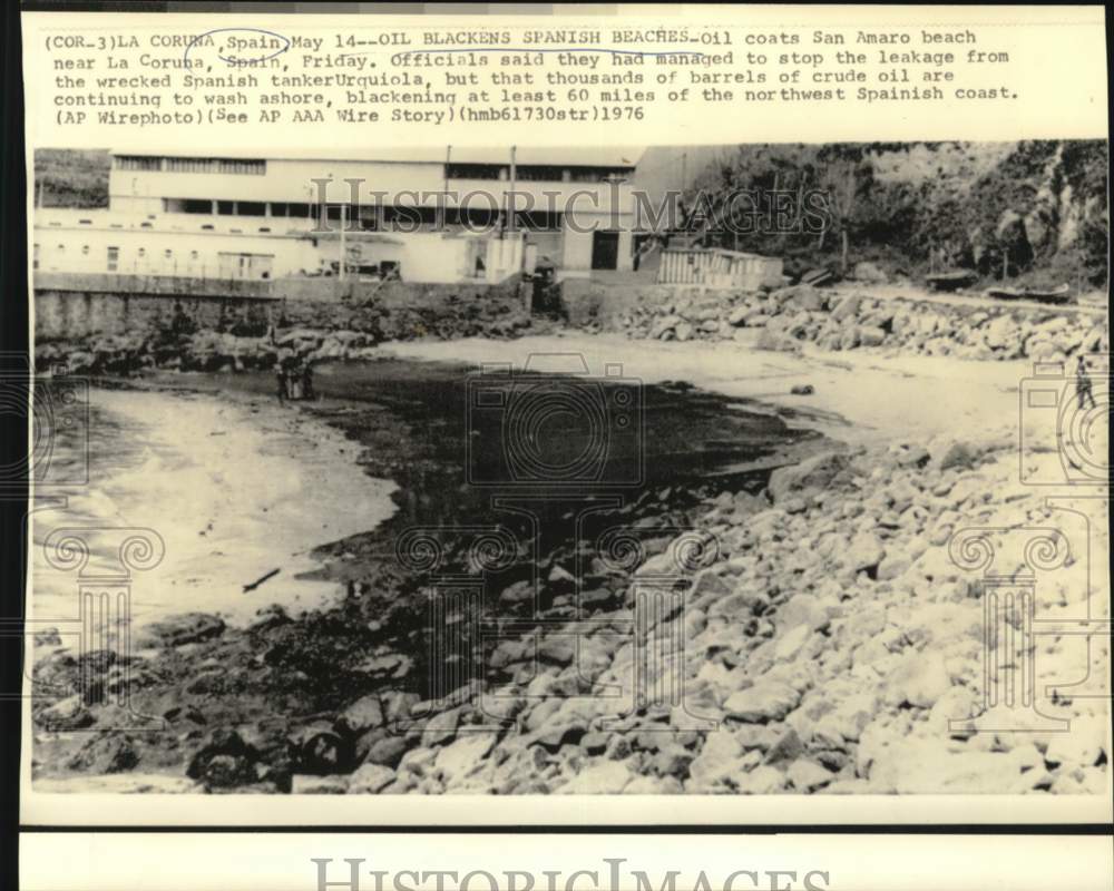 1976 Oil coats San Anaro beach near La Coruna, Spain - Historic Images