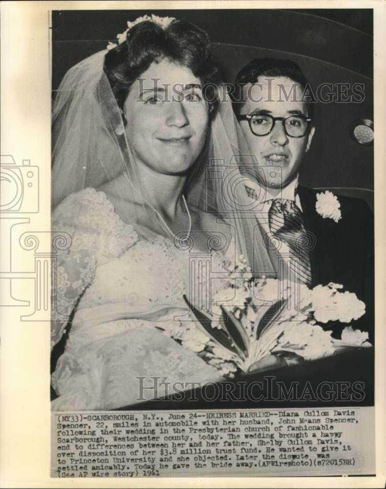 Heiress Diana Cullom Davis Spencer Wedding John Means Spencer 1961 Vintage  Press Photo Print - Historic Images