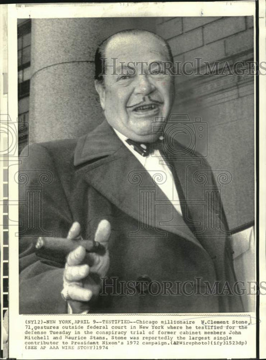 1974 Clement Stone gestures outside federal court in New York-Historic Images