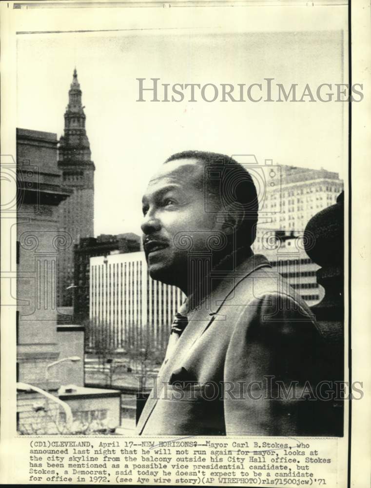 1971 Cleveland Mayor Carl Stokes stands on office balcony. - Historic Images