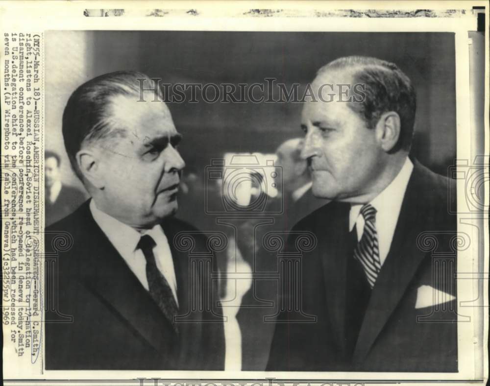 1969 Gerard C. Smith listens to Alexei Roschin from Soviet Union - Historic Images
