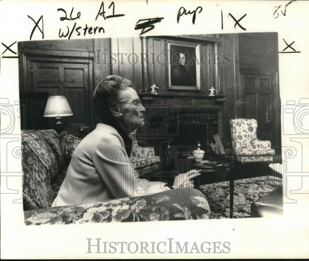 1974 Mrs. Edgar Stern Sr. in deep thought in her living room - Historic Images