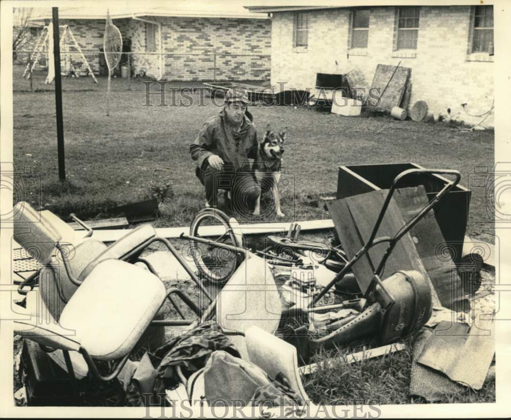 1972 Dewitt Roberts and &quot;Boss&quot; survey tornado destroyed tool shed - Historic Images