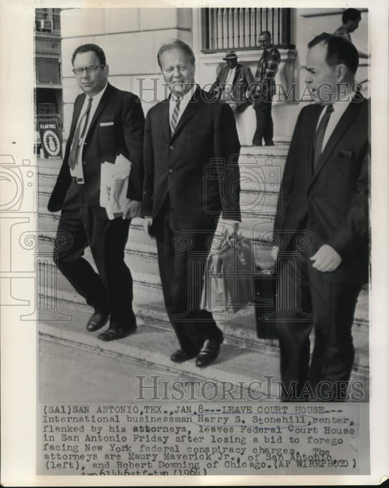 1964 Harry Stonehill and his attorneys leave court in San Antonio - Historic Images