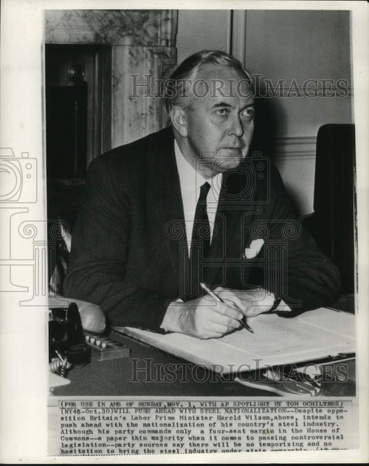 1964 Press Photo Prime Minister Harold Wilson pushes the steel nationalization - Historic Images