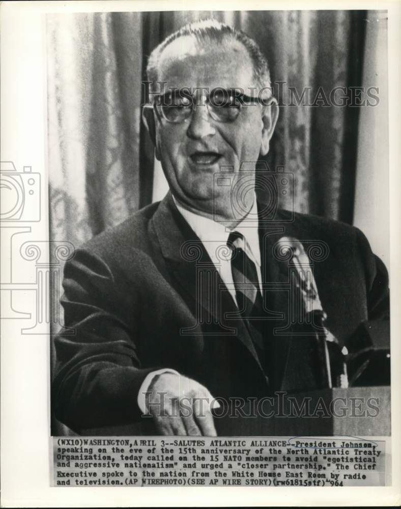 1964 Press Photo President Johnson addresses nation on anniversary of NATO - Historic Images