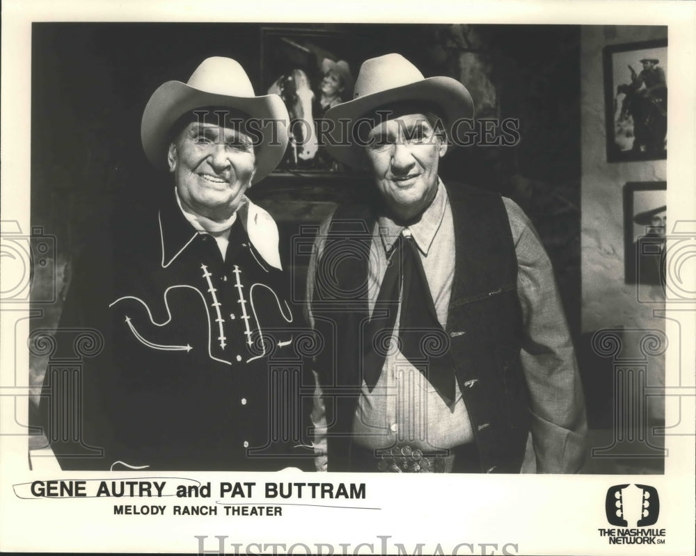 1987 Press Photo Gene Autry and Pat Buttram at Melody Ranch Theater - Historic Images