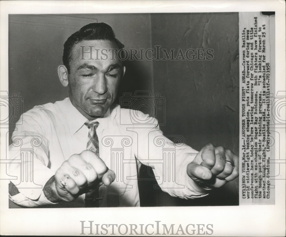 1958 Press Photo Carmen Basilio, world middleweight boxing champion - nox05480 - Historic Images