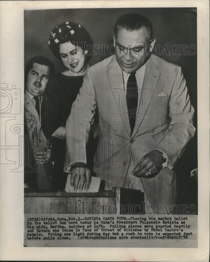 1958 Press Photo Cuban President Fulgencio Batista Places Ballot in Box - Historic Images