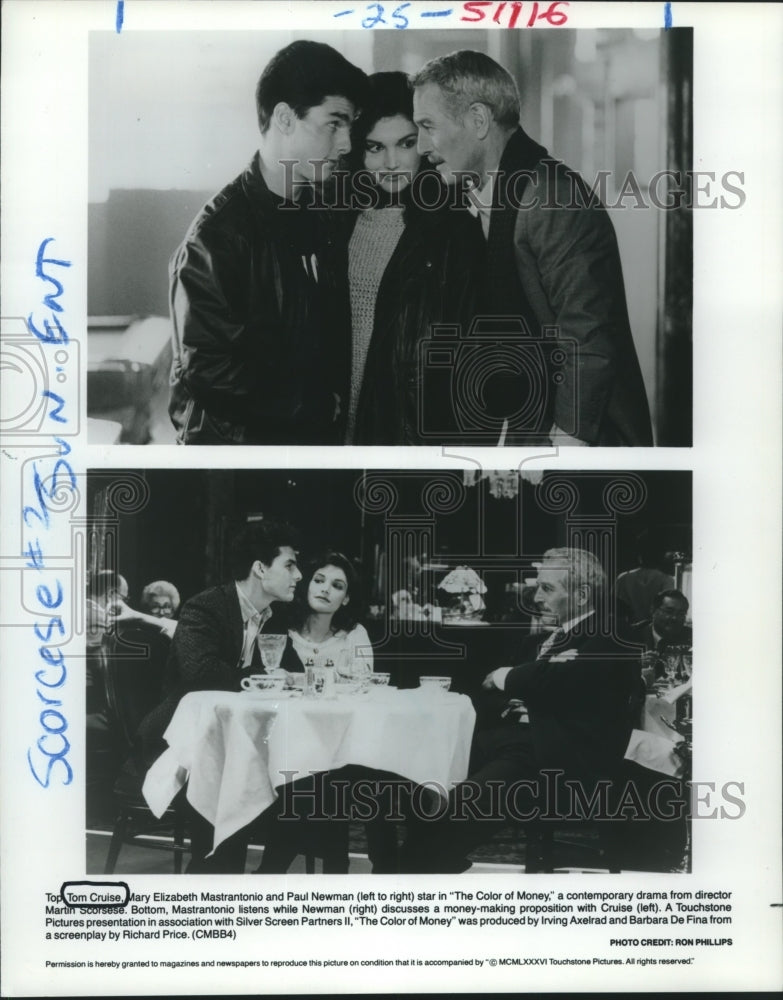 1986 Press Photo Tom Cruise and co-stars in scenes from &quot;The Color Of Money&quot;-Historic Images