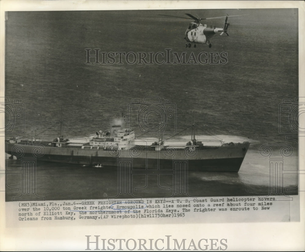 1963 Press Photo Greek Freighter Ermoupolis Aground on Reef in Florida Keys - Historic Images