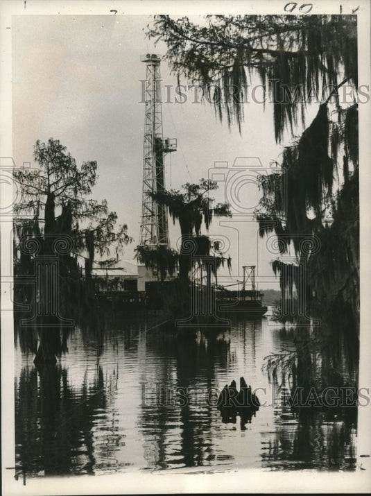 1960 Press Photo Derrick rises from wilds of Lake Verret, as many rigs as voters-Historic Images