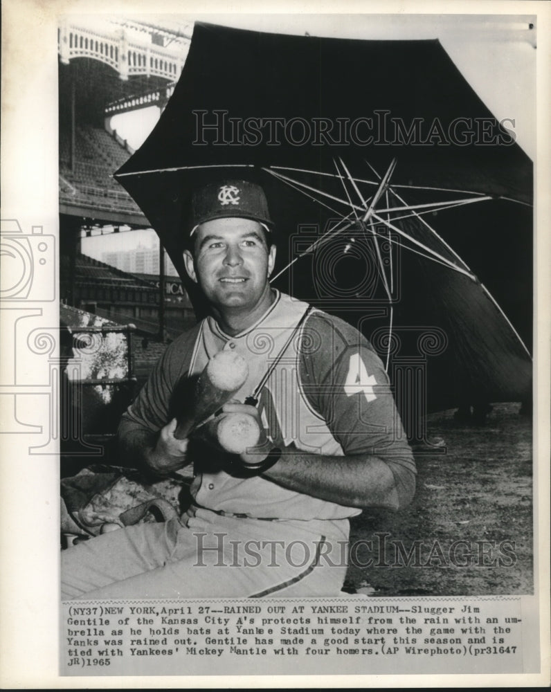 1965 Jim Gentile of Kansas City A&#39;s sits at rained out Yankee game - Historic Images